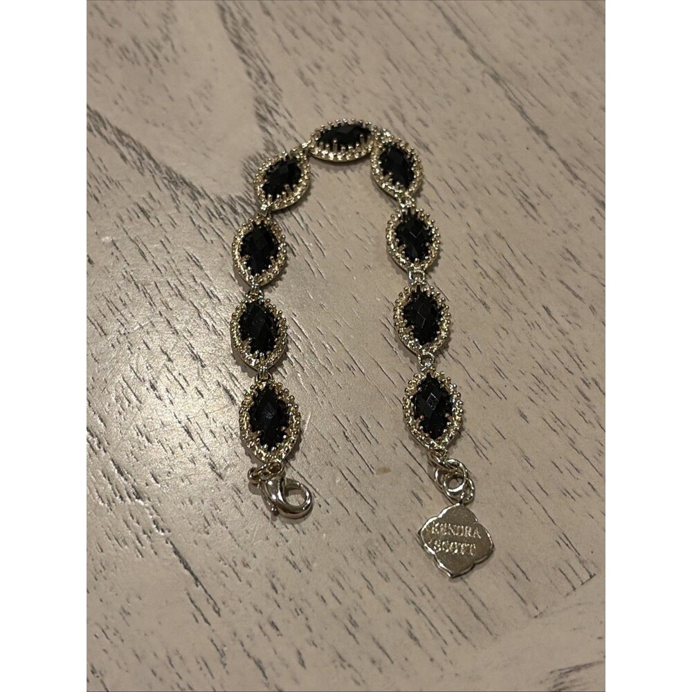 Kendra Scott Jana Bracelet Black Gold Tone Faceted Beaded Oval Link 7"